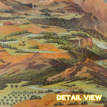 Detailed landscape illustration with fields, buildings, and mountains of places like White Mountains, Leadville and more