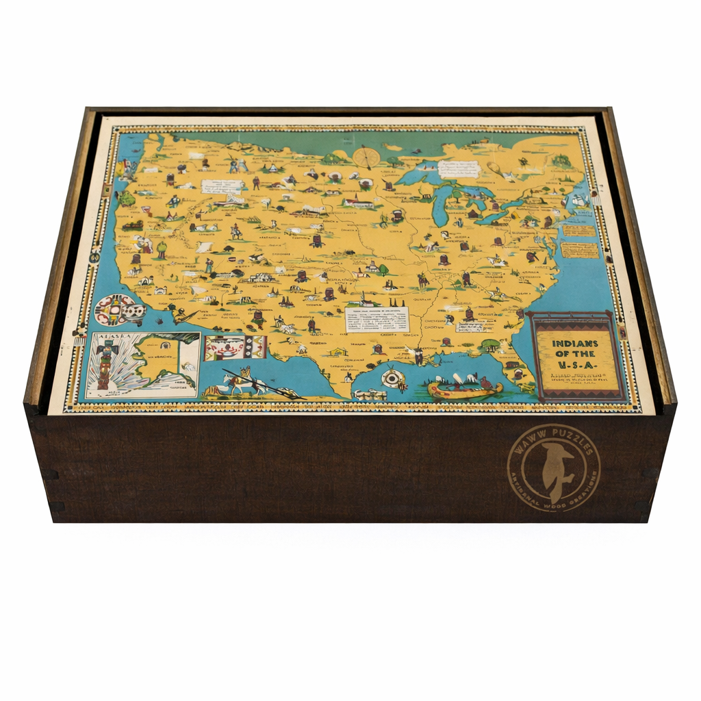 premium wooden puzzle box with Louise E. Jefferson's Indians of the U.S.A. artwork