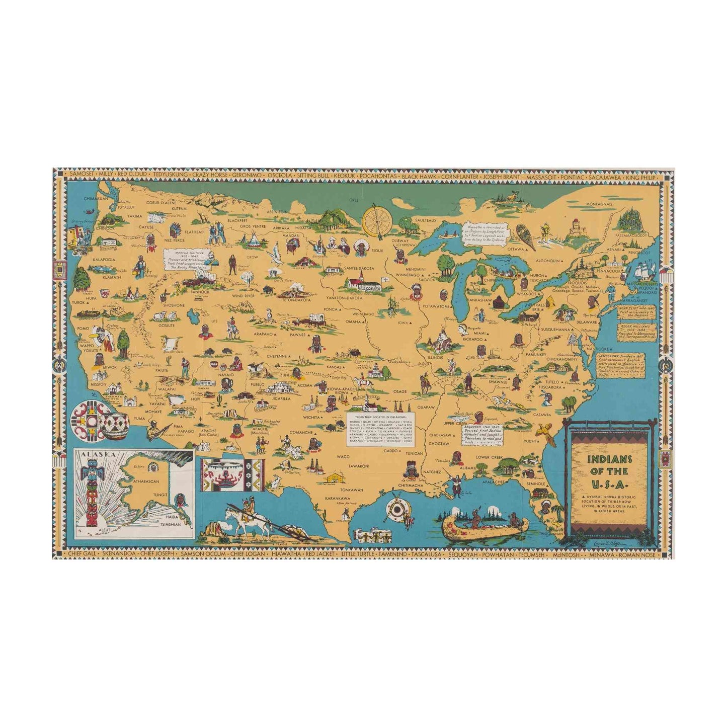 Louise E. Jefferson's 1940s map showing Native American territories with cultural depictions