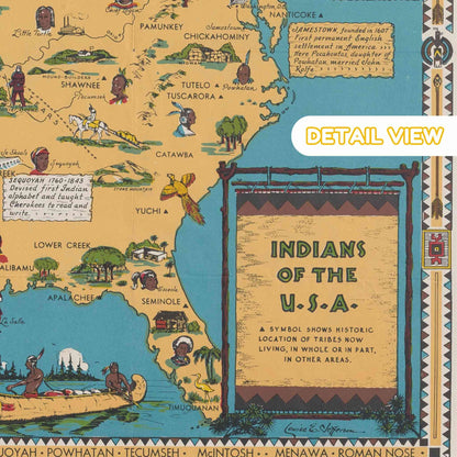 Close-up of indigenous figures and cultural artifacts on Jefferson's map