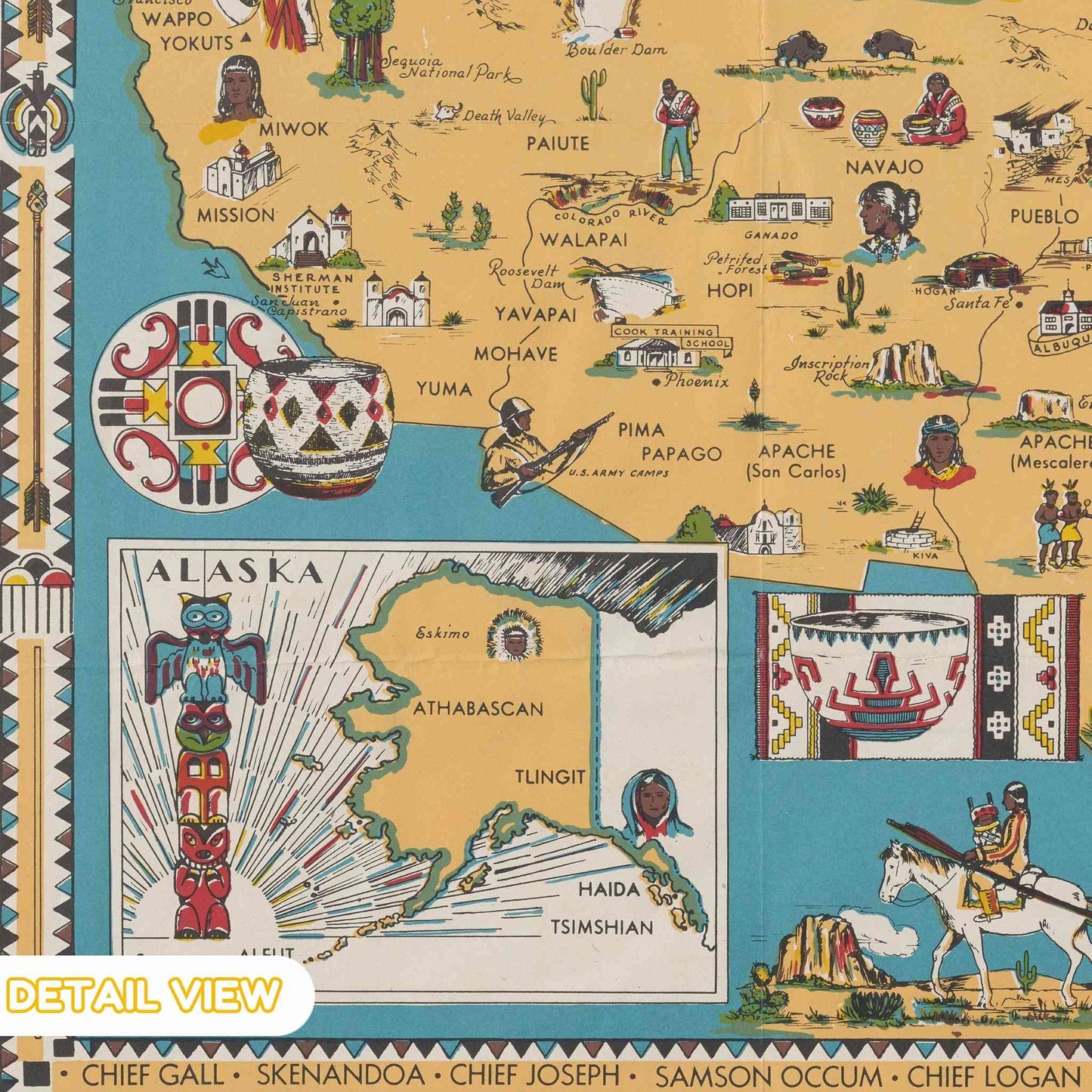Map of Native American tribes with illustrations and text on a yellow background. Detail of native american tribal regions