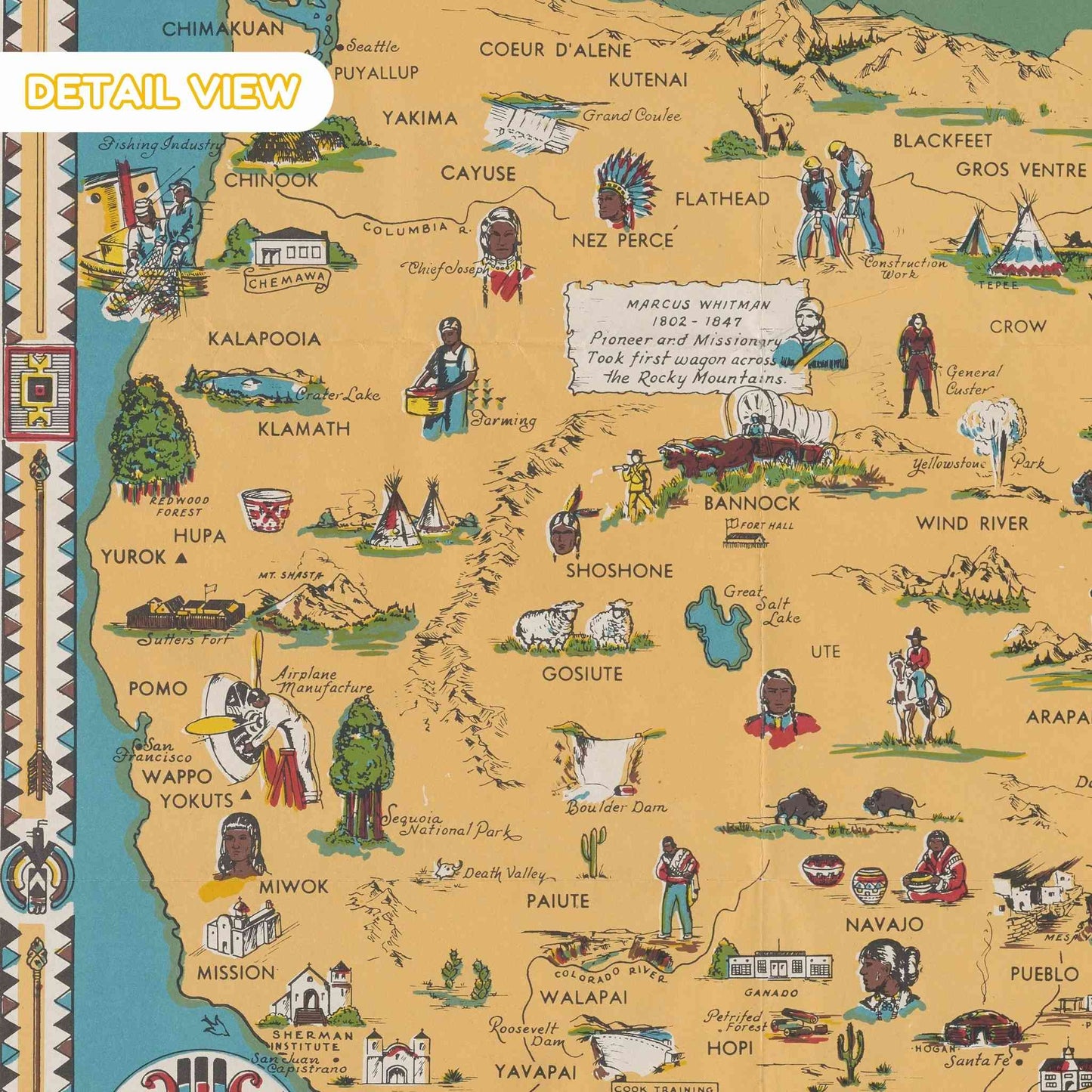 Map of Native American tribes with illustrations and text details