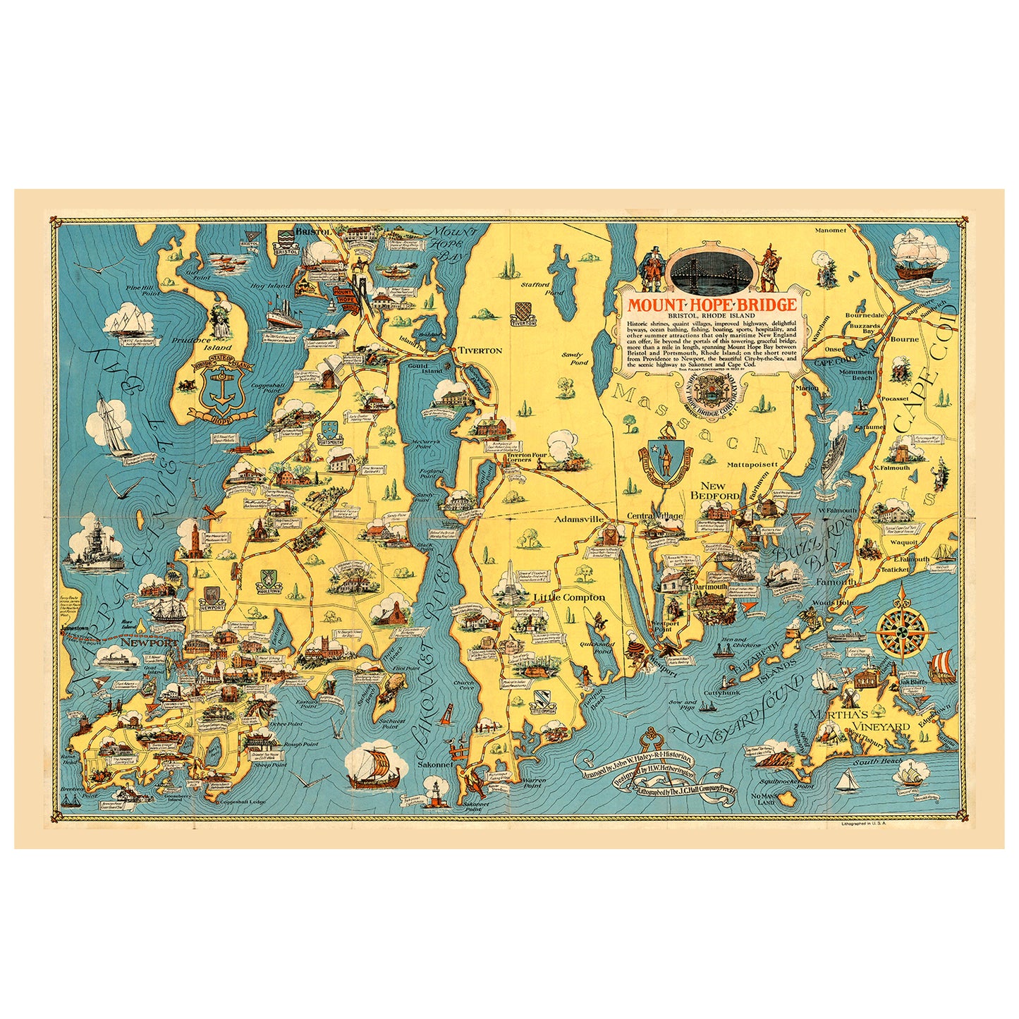 Mount Hope Bridge RI puzzle. 1933 vintage map, coastal New England. 