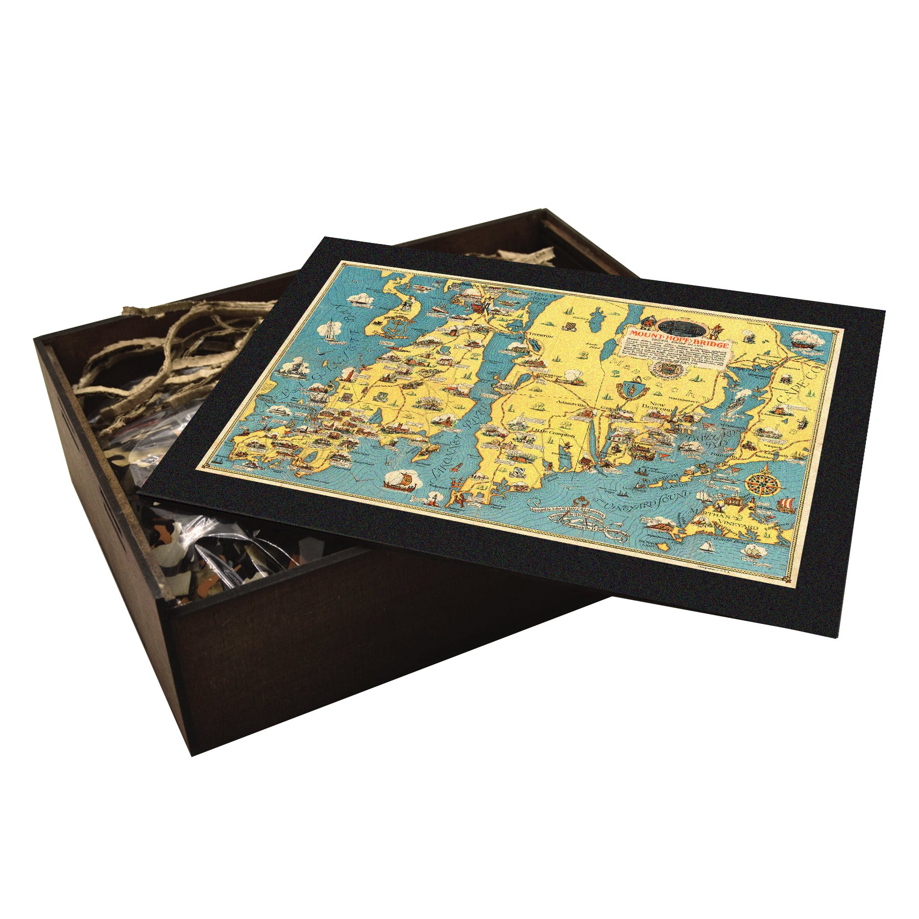Mount Hope Bridge RI puzzle. 1933 vintage map, coastal New England. Handcrafted wooden packaging.