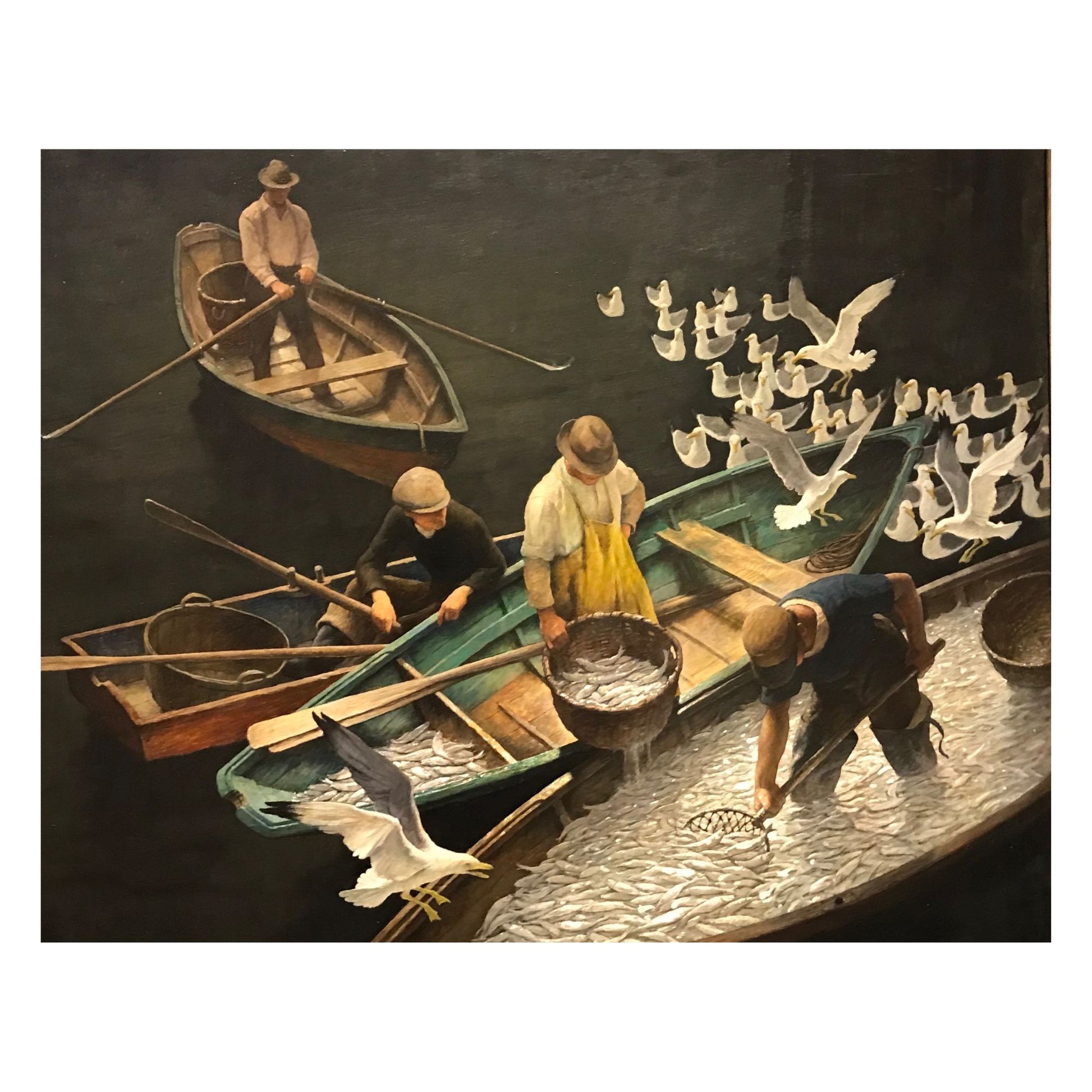 bustling harbor with this realistic painting of fishermen hauling in their catch. The scene depicts a group of men aboard wooden boats, surrounded by a flurry of seagulls. wooden jigsaw puzzle.