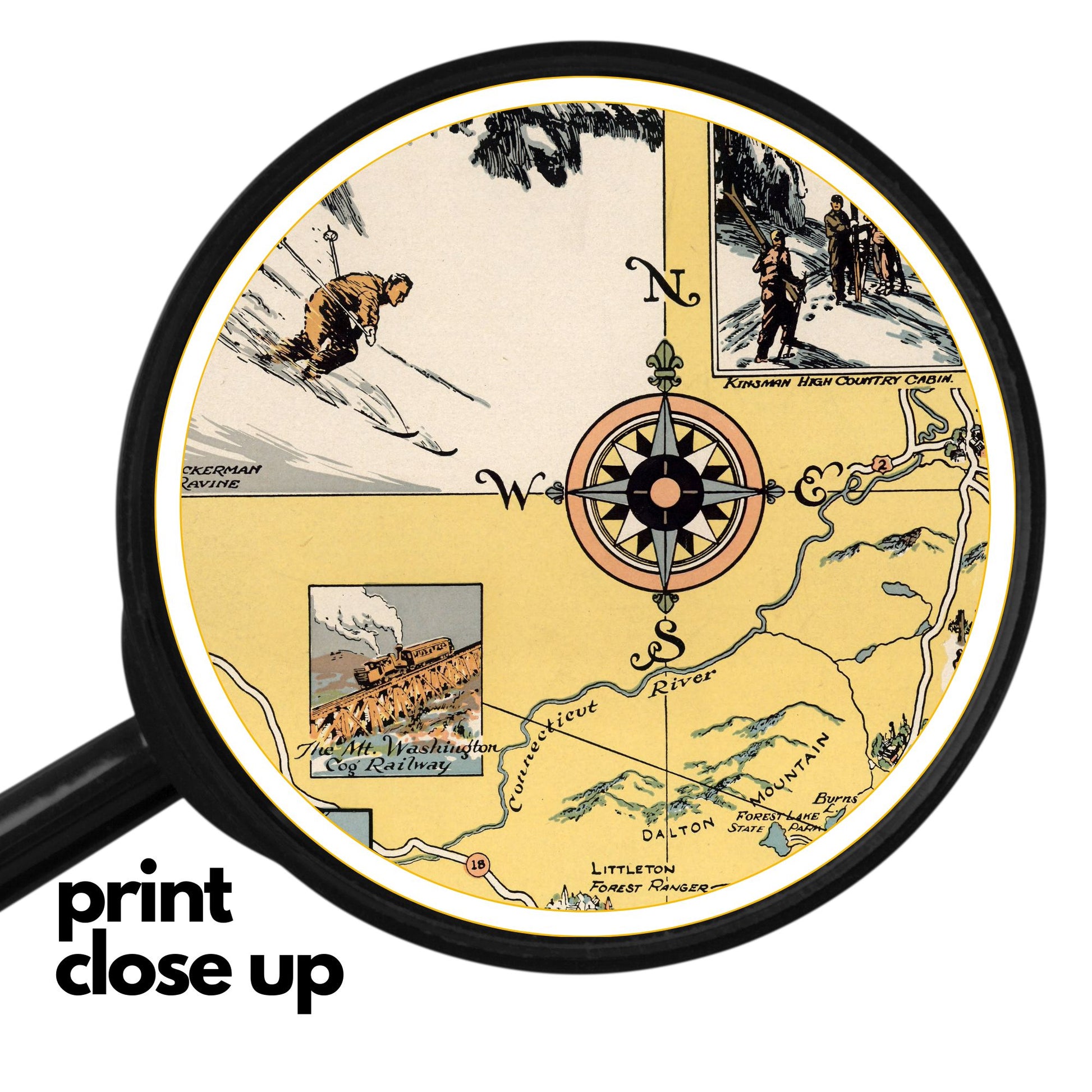 A high-quality wooden jigsaw puzzle of a vintage pictorial map of White Mountain National Forest, featuring hand-drawn landmarks, trails, and historical sites. Comes in a handmade wooden keepsake box.