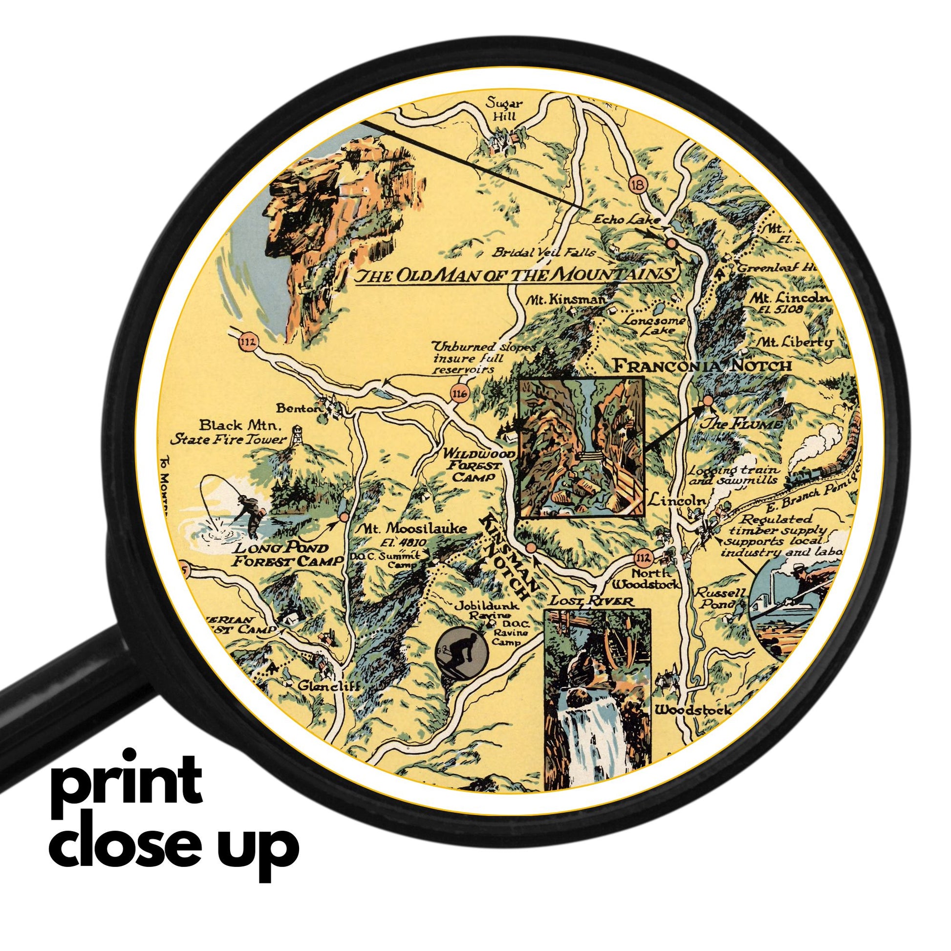 A high-quality wooden jigsaw puzzle of a vintage pictorial map of White Mountain National Forest, featuring hand-drawn landmarks, trails, and historical sites. Comes in a handmade wooden keepsake box.