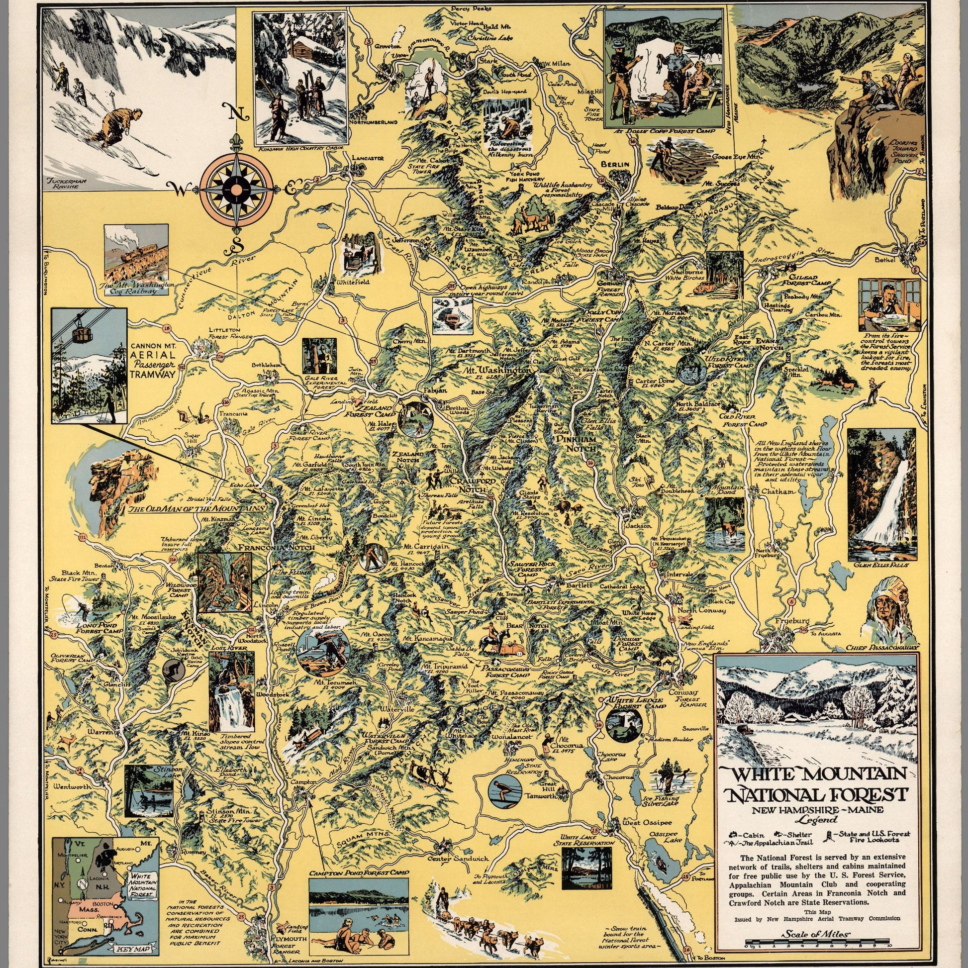 A high-quality wooden jigsaw puzzle of a vintage pictorial map of White Mountain National Forest, featuring hand-drawn landmarks, trails, and historical sites. Comes in a handmade wooden keepsake box.
