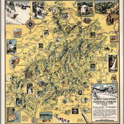 A high-quality wooden jigsaw puzzle of a vintage pictorial map of White Mountain National Forest, featuring hand-drawn landmarks, trails, and historical sites. Comes in a handmade wooden keepsake box.