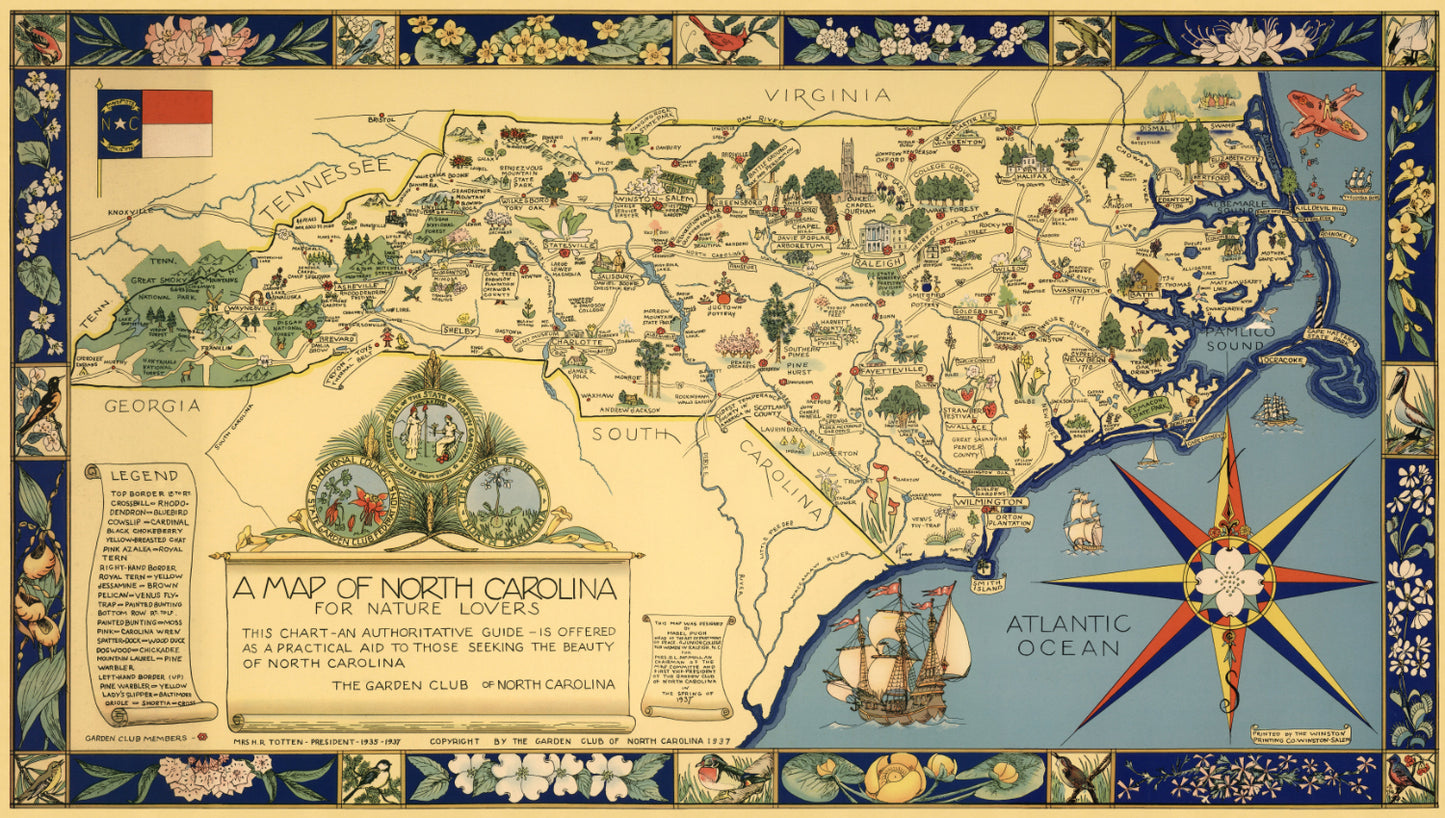 Mabel Pugh's colorful 1937 map showing North Carolina with native plants and animals.