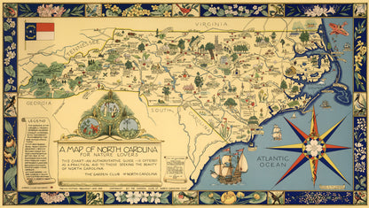 Mabel Pugh's colorful 1937 map showing North Carolina with native plants and animals.