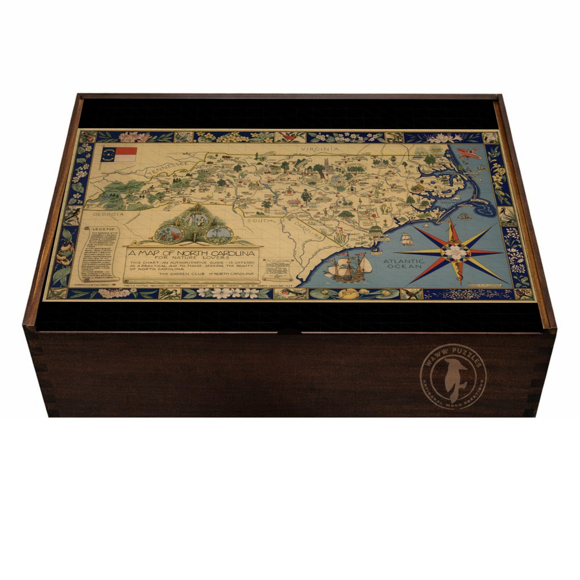 Premium puzzle box featuring Mabel Pugh's illustrated map of North Carolina