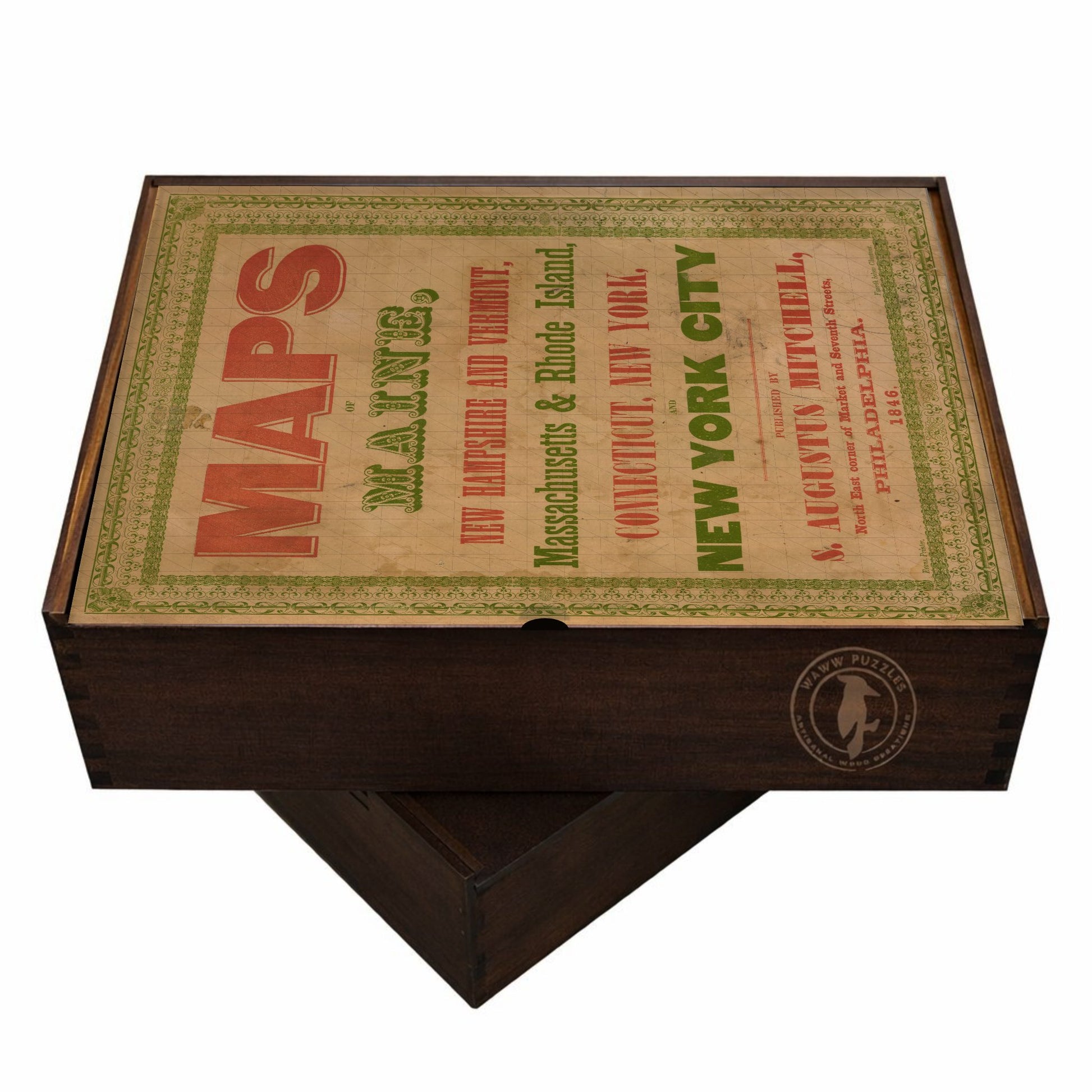 Premium wooden puzzle box featuring Mitchell's COVER of his Maps of New England Atlas