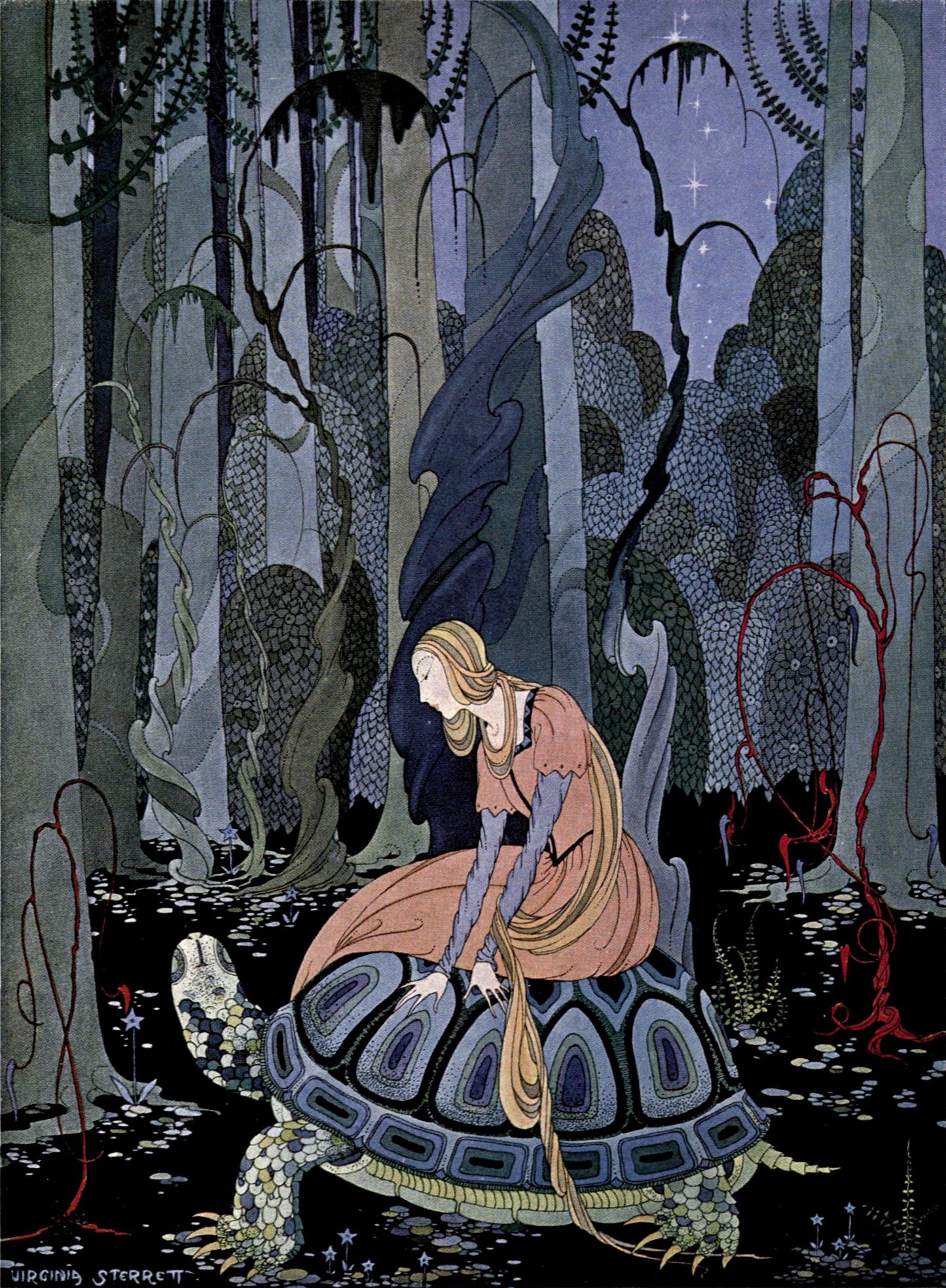 Virginia Frances Sterrett's whimsical illustration from Old French Fairy Tales, with intricate lines and delicate colors.