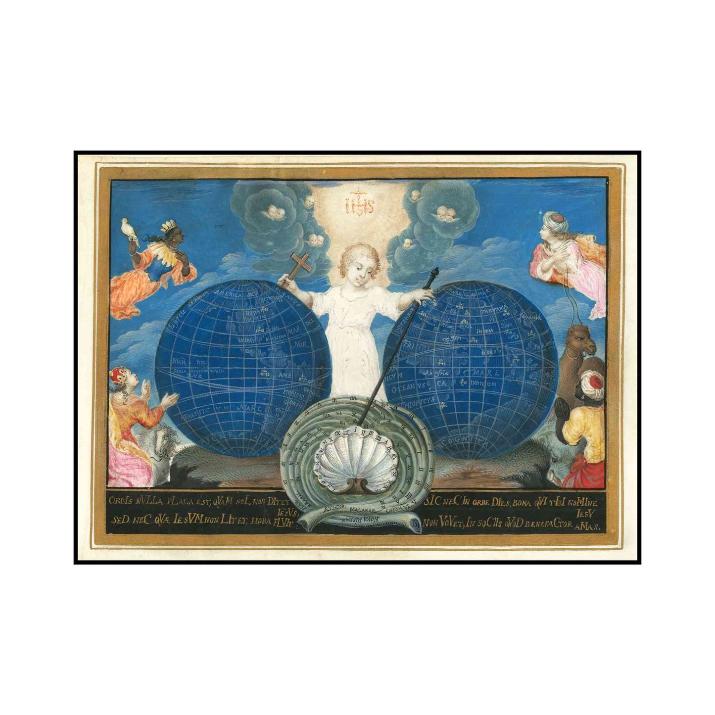 17th-century globe with radiant sun and Jesuit Christogram surrounded by continents.