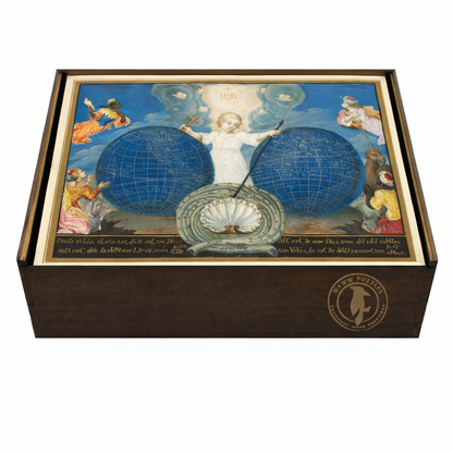 premium wooden puzzle box featuring a detailed 17th-century map with globe.