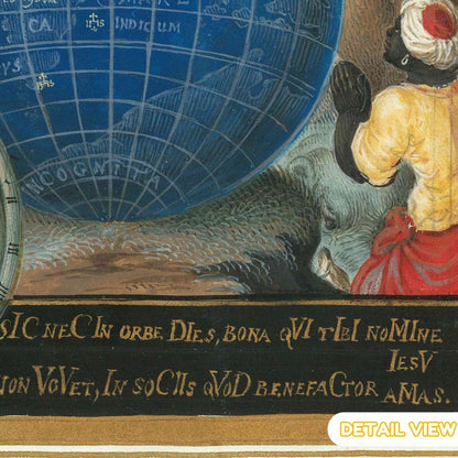 Detailed engraving of the sun casting light on the globe's continents.