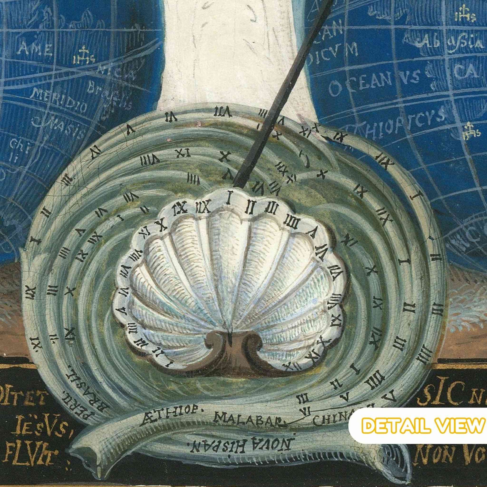 Precise Latin text with intricate geographic symbols around the globe.