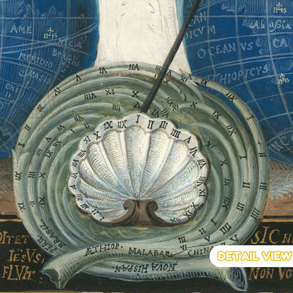 Precise Latin text with intricate geographic symbols around the globe.