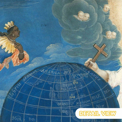 Vintage map detail with a globe, angel, and cloud with faces, labeled 'Detail View'.