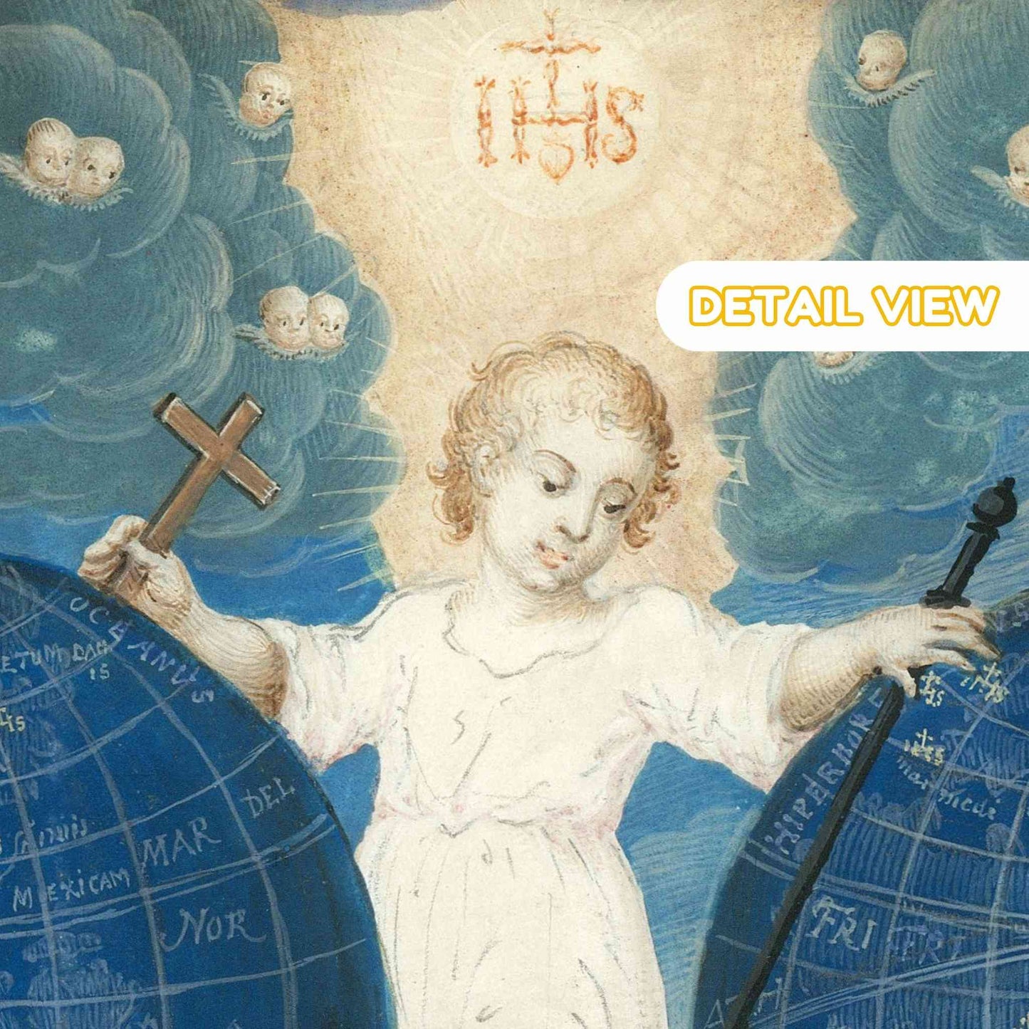 Detail view of a classical painting with an angel holding a cross and globe, surrounded by celestial elements.