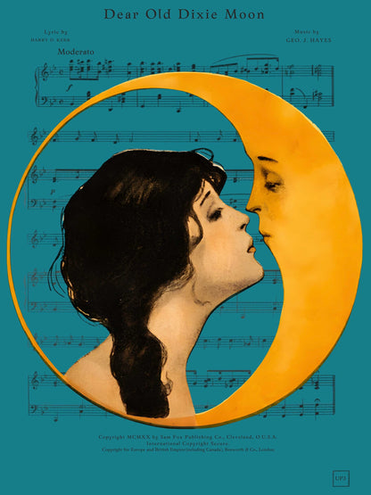 Vintage 1920s Dear Old Dixie Moon sheet music illustration restored as a wooden jigsaw puzzle.