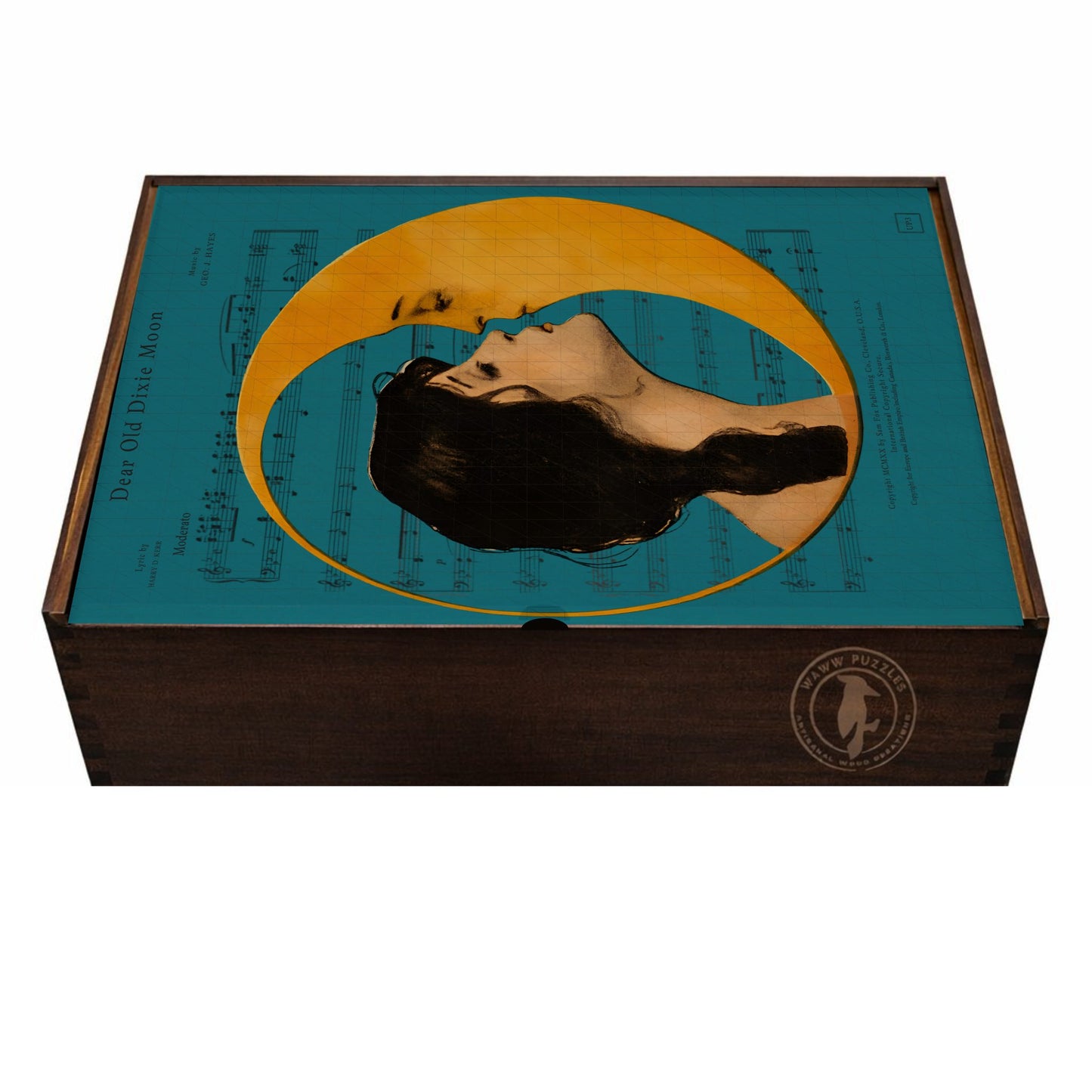 puzzle box in wood with a Vintage 1920s Dear Old Dixie Moon sheet music illustration restored