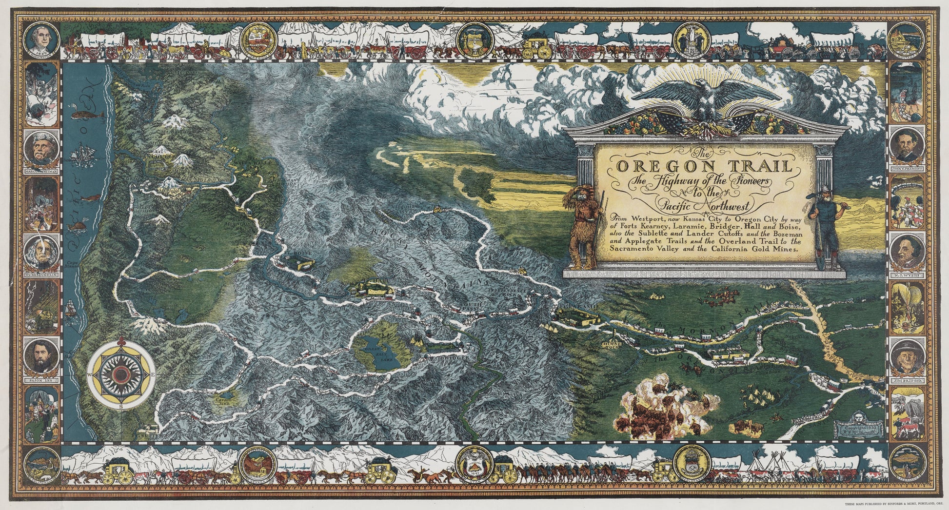 McIlwraith's Oregon Trail map depicting pioneer routes with vivid colors and frontier scenes.