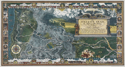 McIlwraith's Oregon Trail map depicting pioneer routes with vivid colors and frontier scenes.