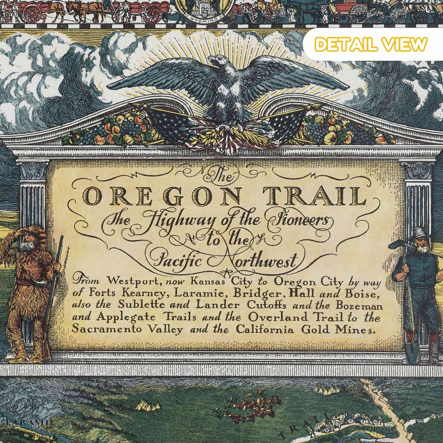 Decorative illustration of the Oregon Trail with historical figures and text.