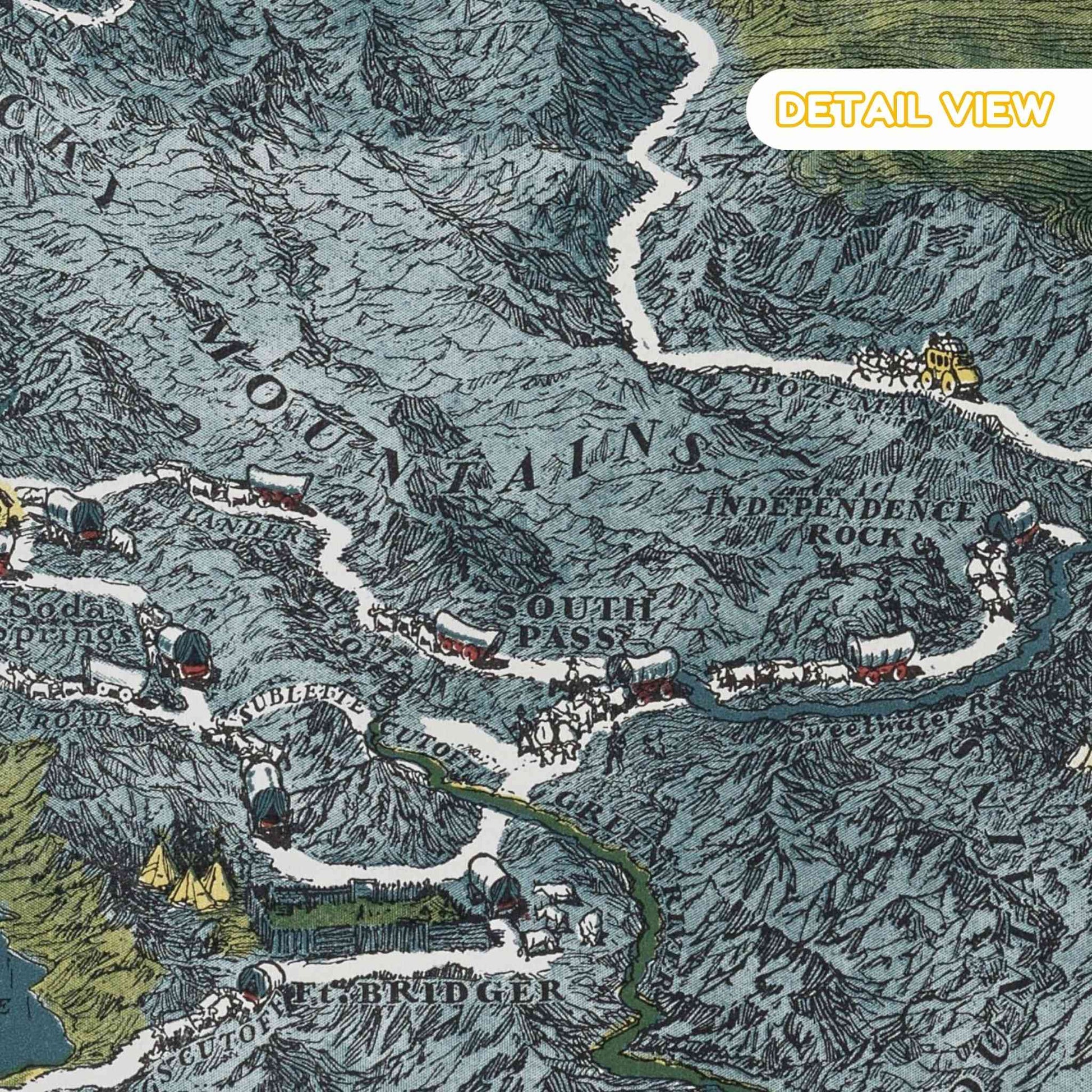 Vintage map detail of mountainous region with 'South Pass' and 'Independence Rock' on the Oregon Trail.
