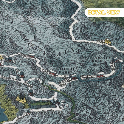 Vintage map detail of mountainous region with 'South Pass' and 'Independence Rock' on the Oregon Trail.