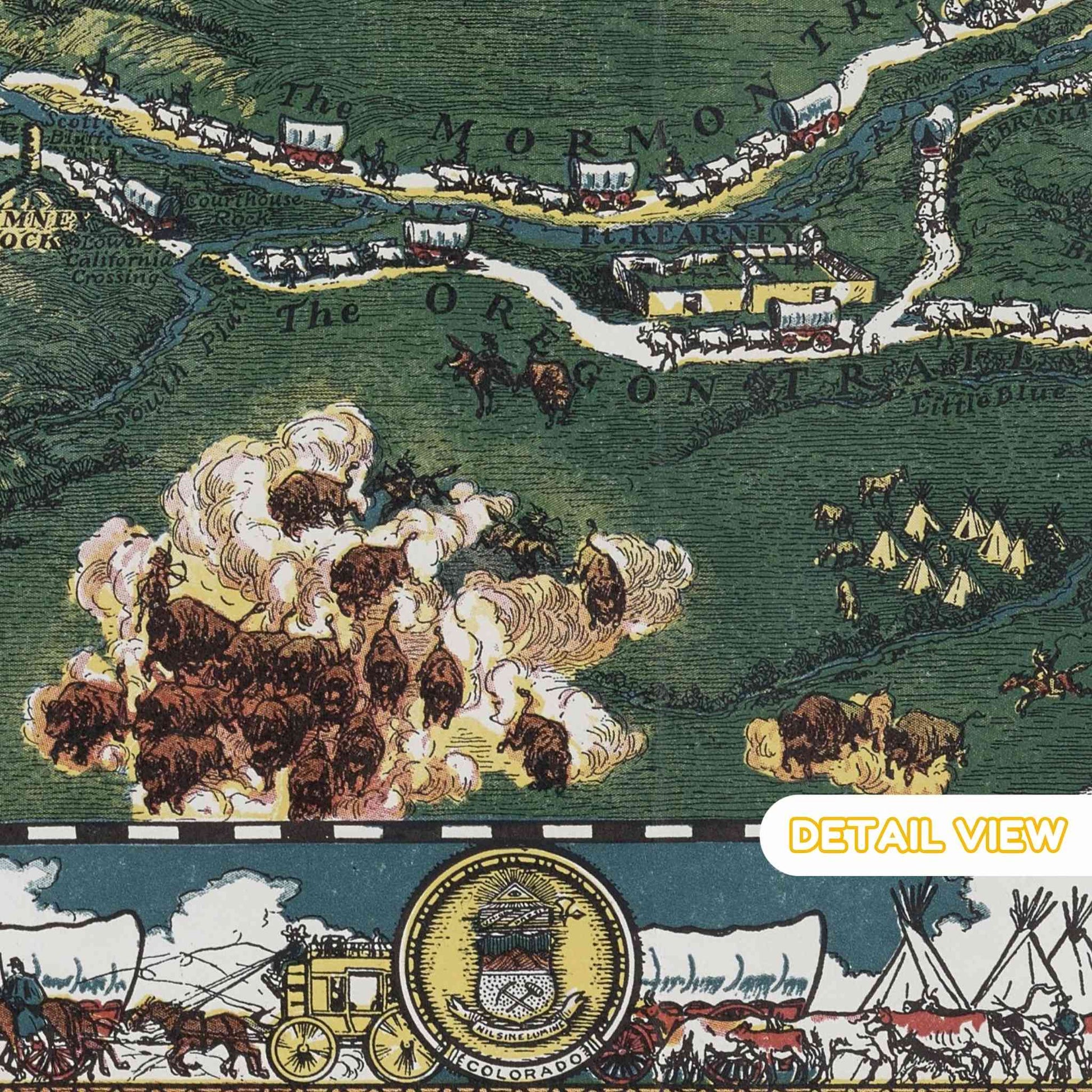 Map of the Oregon Trail with various elements like wagons, animals, and settlements.