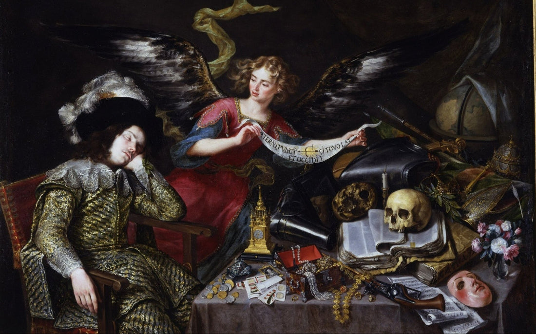 Antonio de Pereda's El sueño del caballero depicting a nobleman asleep among symbols of wealth and mortality