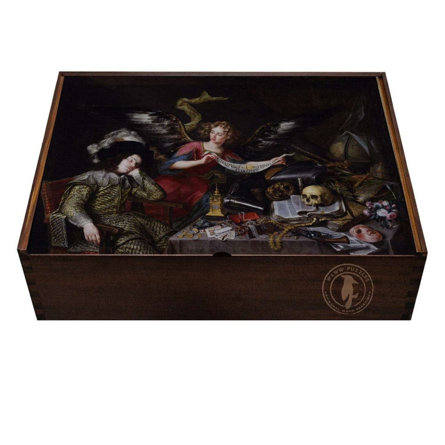 Elegant puzzle box design featuring Antonio de Pereda's El sueño del caballero