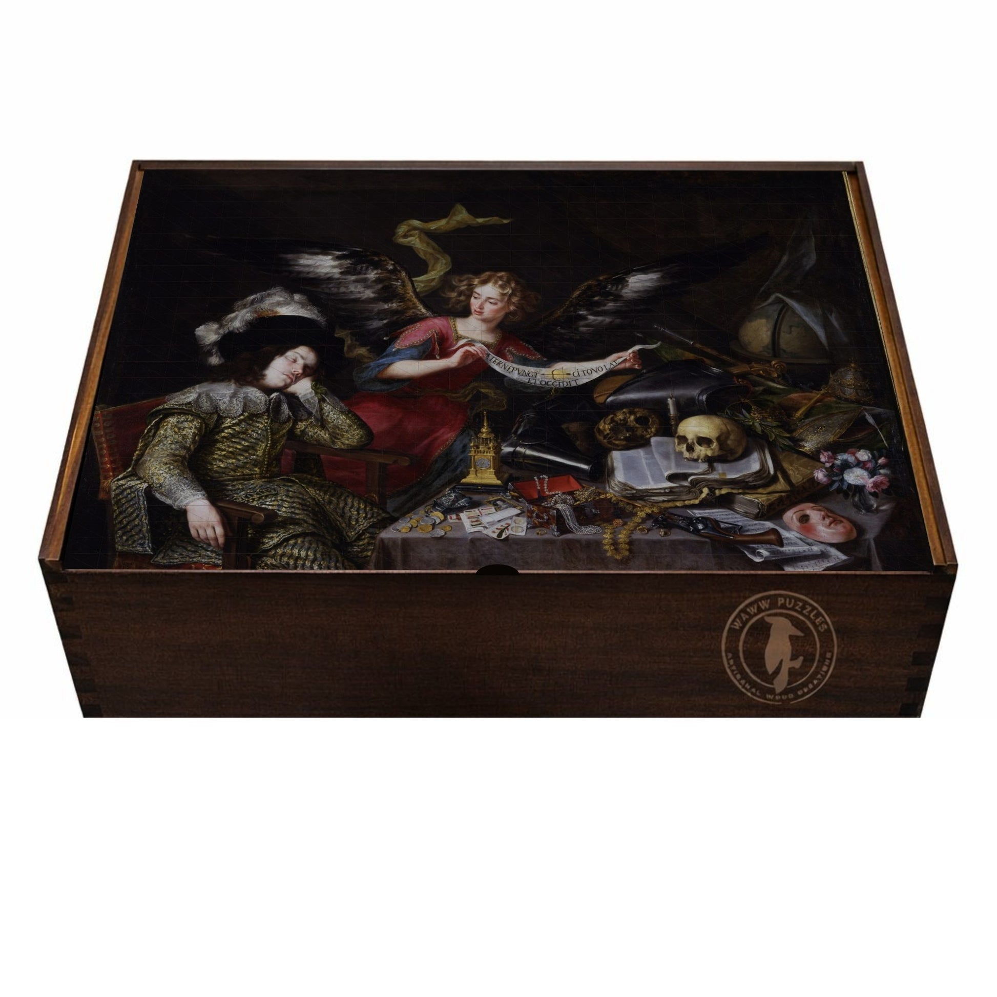 Elegant puzzle box design featuring Antonio de Pereda's El sueño del caballero
