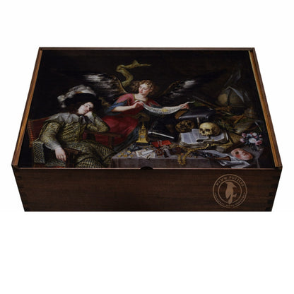 Elegant puzzle box design featuring Antonio de Pereda's El sueño del caballero
