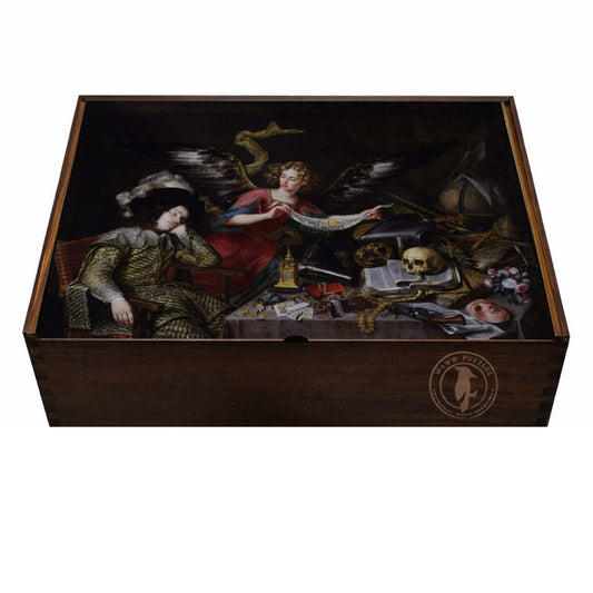 Elegant puzzle box design featuring Antonio de Pereda's El sueño del caballero