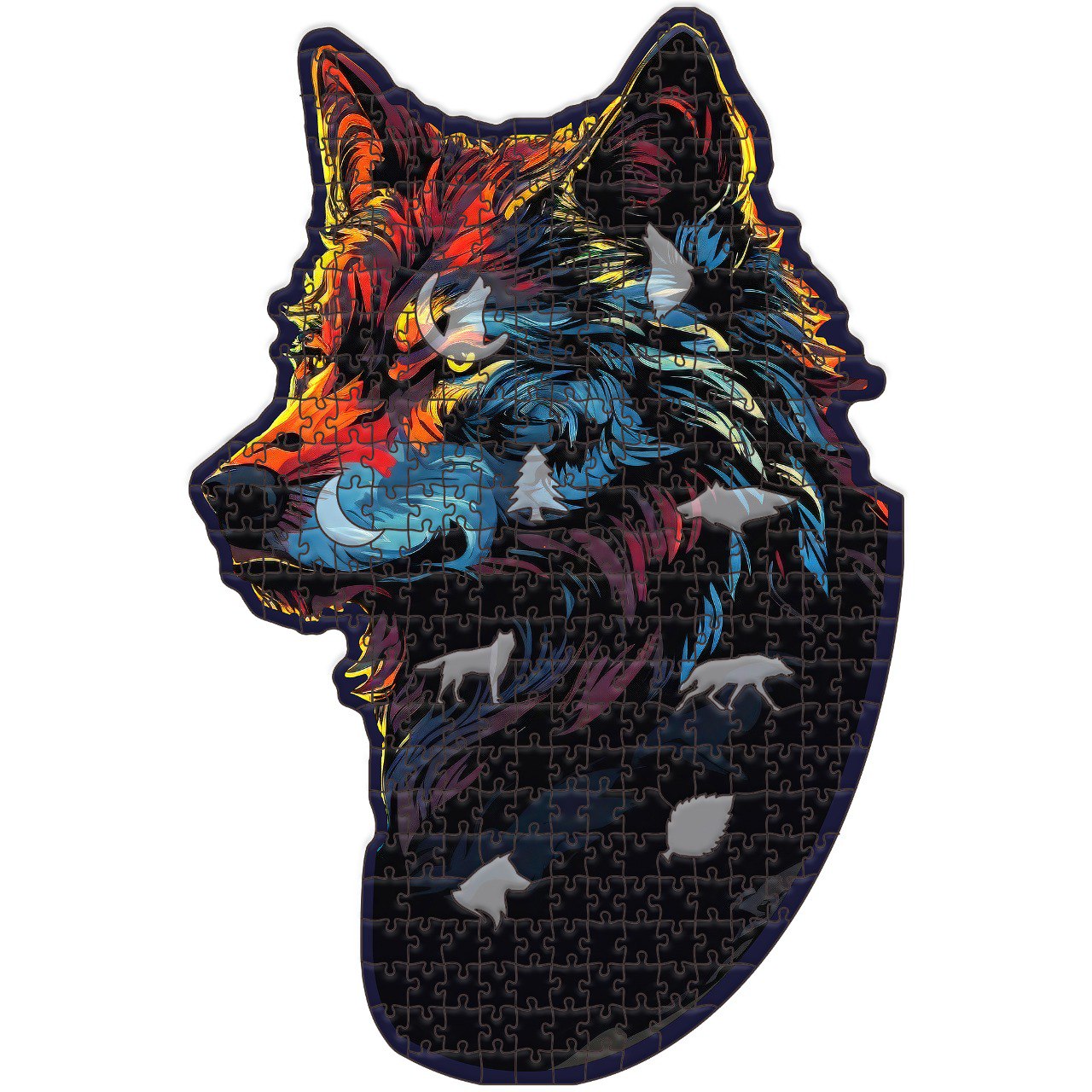 Modern, graphic, and vibrant jigsaw puzzle of a wolf. The wolf is rendered with bold lines and a striking color palette.