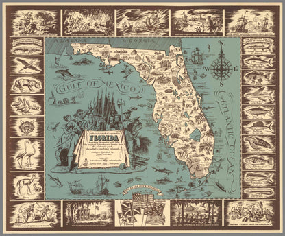 A high-quality wooden jigsaw puzzle of a vintage pictorial map of Florida, featuring historical landmarks, native wildlife, and early explorations of the state. Comes in a handmade wooden keepsake box.