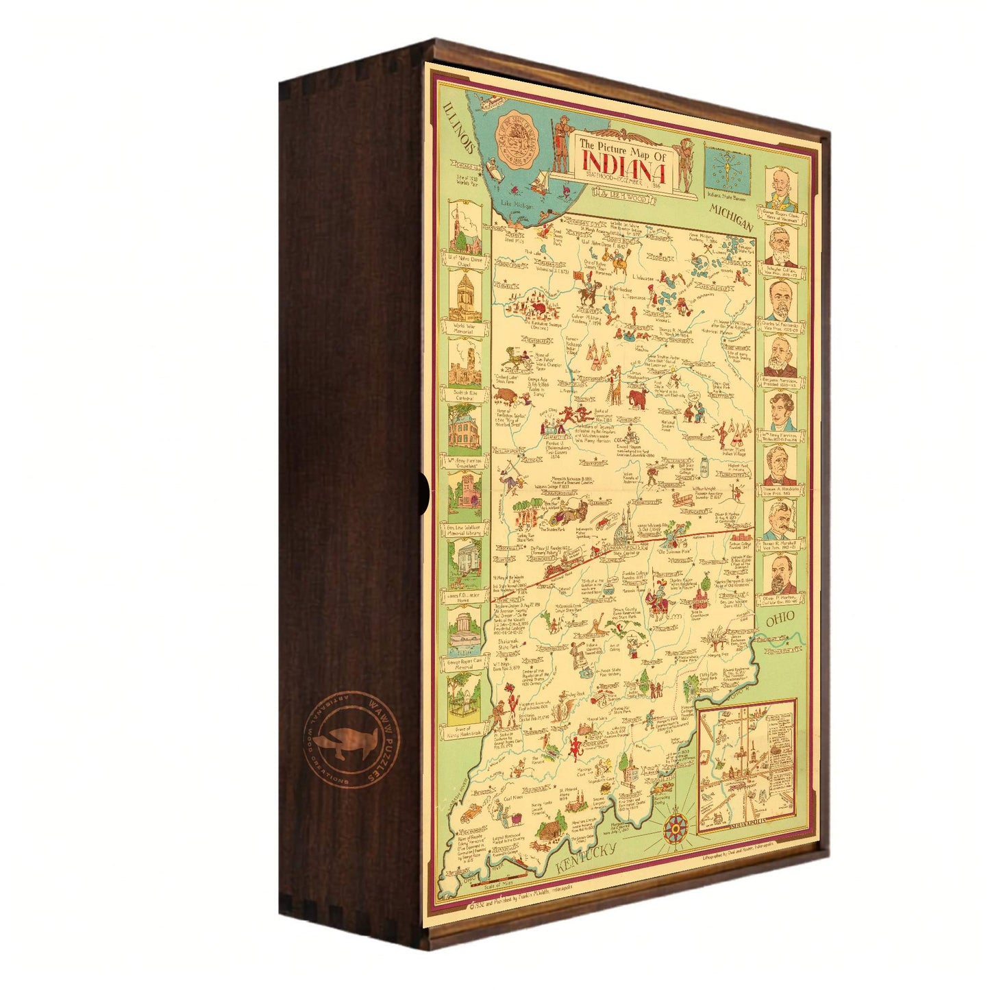 Wooden puzzle box with a detailed Indiana State map design. Wooden Puzzle by WAWW Puzzles