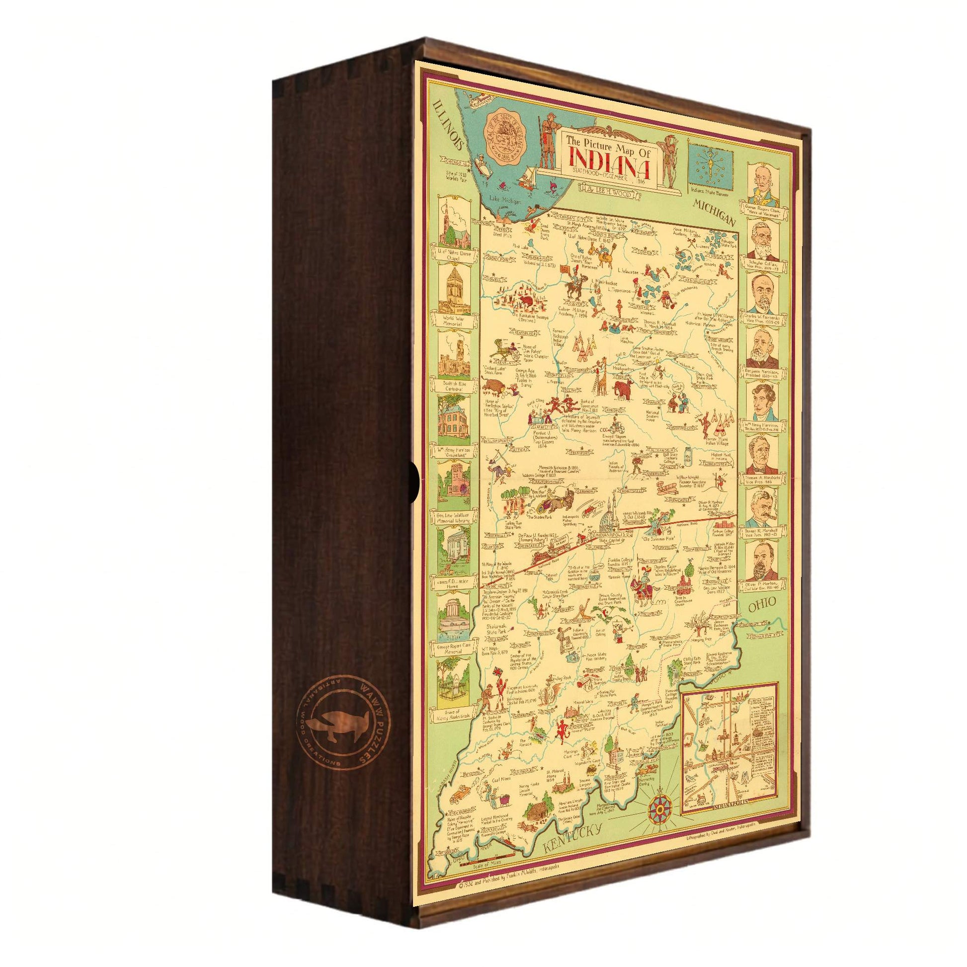 Wooden puzzle box with a detailed Indiana State map design. Wooden Puzzle by WAWW Puzzles
