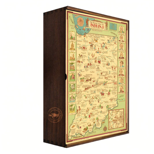 Wooden puzzle box with a detailed Indiana State map design. Wooden Puzzle by WAWW Puzzles