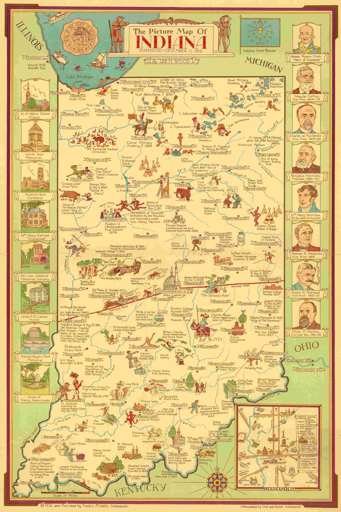 Illustrated map of Indiana with various symbols and landmarks