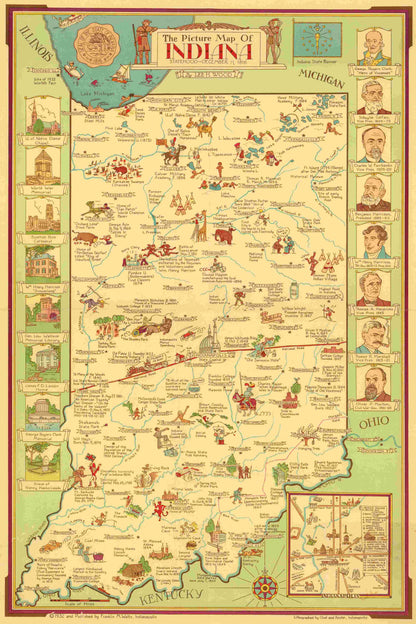 Illustrated map of Indiana with various symbols and landmarks