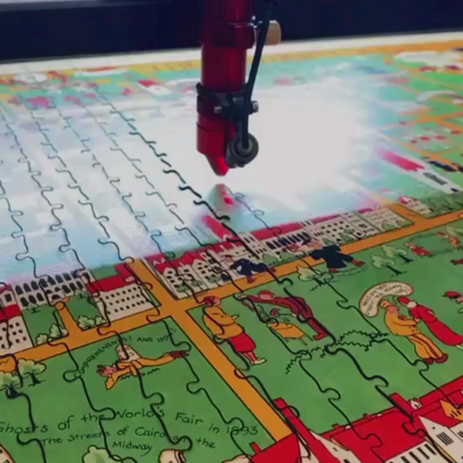 1933 University of Chicago illustrated map wooden jigsaw puzzle, featuring historic campus landmarks, Art Deco style, and collegiate traditions.