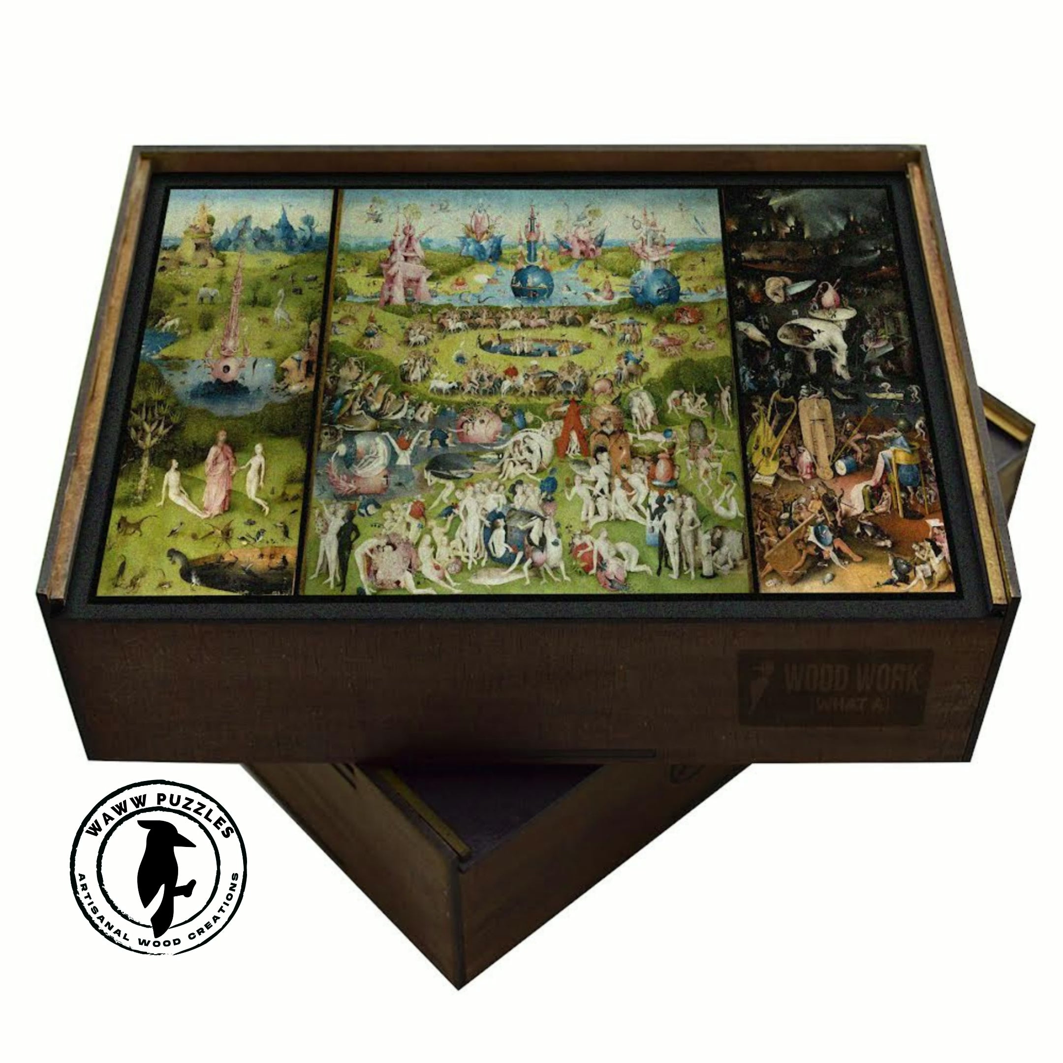 Load video: Hand cleaning a premium handcrafted wooden puzzle featuring The Garden of Earthly Delights by Hieronymus Bosch