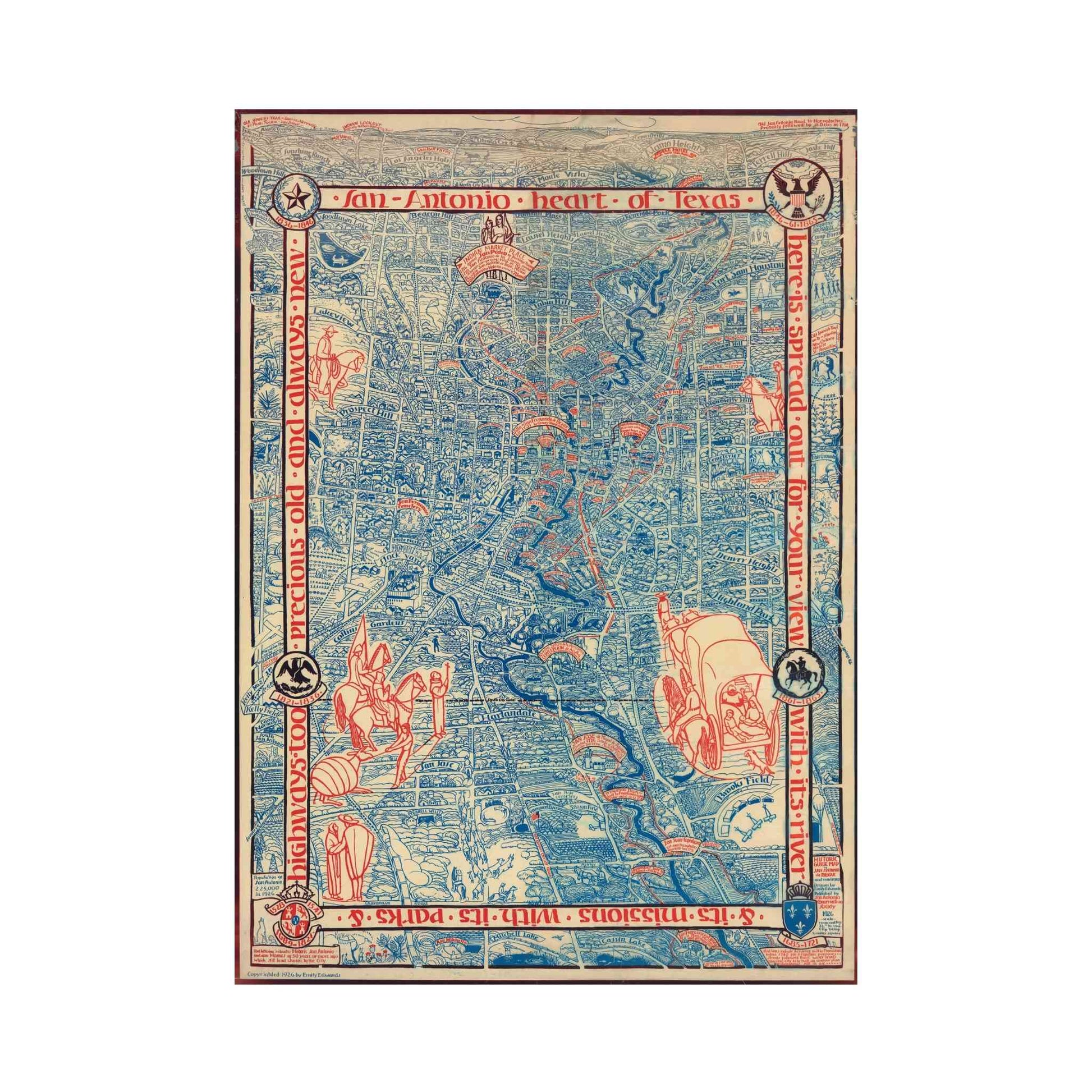 Historic map of San Antonio by Emily Edwards, showcasing detailed landmarks and ornate design.