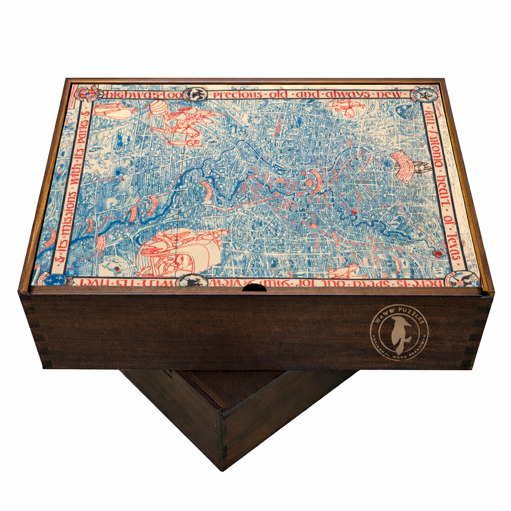 High-quality wooden puzzle box featuring the historic map of San Antonio by Emily Edwards.