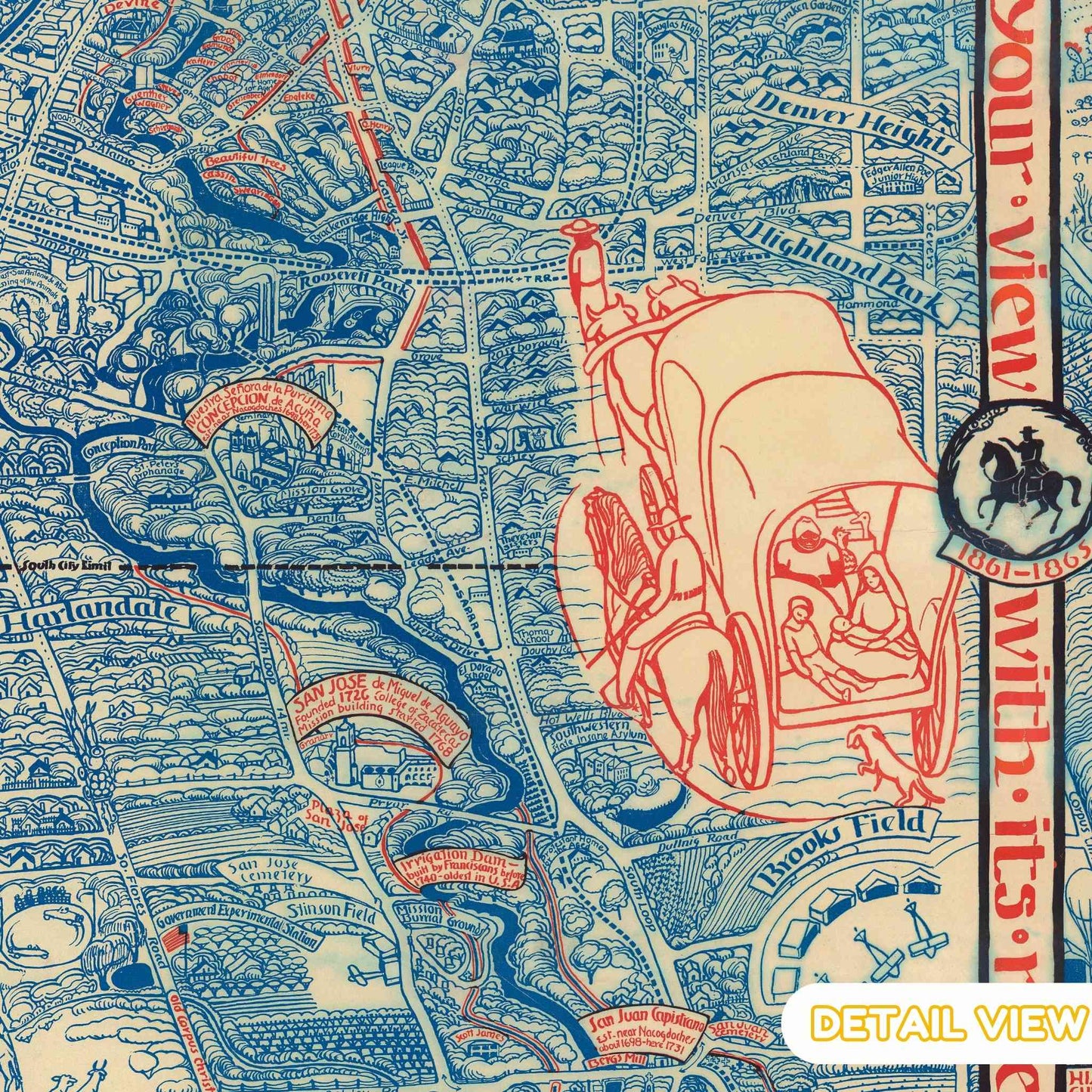 Close-up of Spanish Colonial architecture details on Emily Edwards' San Antonio map.
